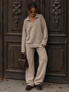 SHEIN Women Polo Neck Sweater And Sweater Pant 2pcs Set Co-Ords - أبيض - مشاهدة 1