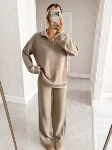 SHEIN Women Polo Neck Sweater And Sweater Pant 2pcs Set Co-Ords - أبيض - مشاهدة 5