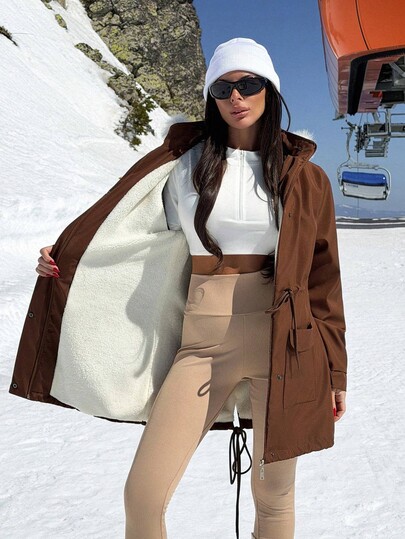 Pariaura Parka larga impermeable de mujer con acabado liso en color marrón, con cuello de piel sintética elegante, puños con ribete de piel lujoso, detalles de bolsillos y botones, silueta sofisticada diaria con cordón ajustable en la cintura, de alta calidad