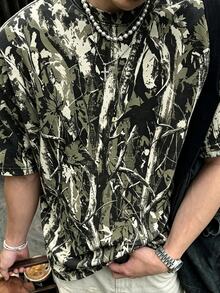 Resyla Men 男士深綠色樹枝印花圓領短袖休閒街頭風寬鬆版型T恤，適合海灘度假夏季穿著 - 彩色 - 查看 4