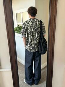 Resyla Men 男士深綠色樹枝印花圓領短袖休閒街頭風寬鬆版型T恤，適合海灘度假夏季穿著 - 彩色 - 查看 2