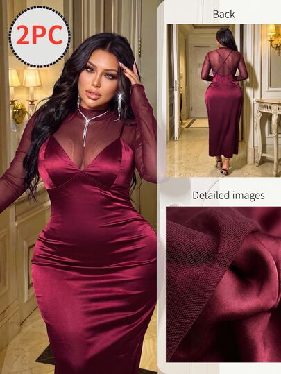 NU&NOW Plus Size Vintage Romantic Sexy Elastic Mesh Fitted Long Sleeve Top And Satin V-Neck Slit Cross Strap Dress 2 Pieces Set