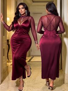 NU&NOW Plus Size Vintage Romantic Sexy Elastic Mesh Fitted Long Sleeve Top And Satin V-Neck Slit Cross Strap Dress 2 Pieces Set Fall - Burgundy - View 10