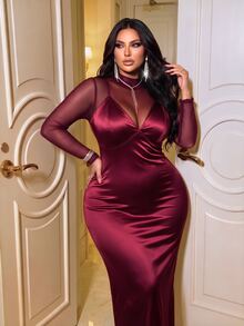 NU&NOW Plus Size Vintage Romantic Sexy Elastic Mesh Fitted Long Sleeve Top And Satin V-Neck Slit Cross Strap Dress 2 Pieces Set Fall - Burgundy - View 4