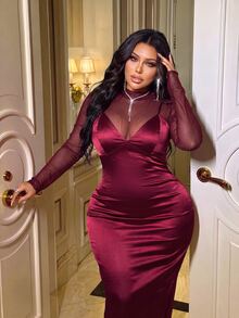 NU&NOW Plus Size Vintage Romantic Sexy Elastic Mesh Fitted Long Sleeve Top And Satin V-Neck Slit Cross Strap Dress 2 Pieces Set Fall - Burgundy - View 6