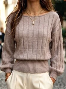 Omancia Boat Neck Drop Shoulder Sweater Office Brunch Dusty Mauve Fall Casual - Khaki - View 5