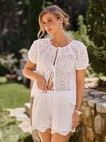 KARISMINA Women's Solid Color Woven Shirt & Loose Shorts 2 Pieces Set, Spring/Summer - White - View 5
