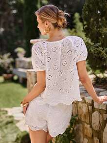 KARISMINA Women's Solid Color Woven Shirt & Loose Shorts 2 Pieces Set, Spring/Summer - White - View 2
