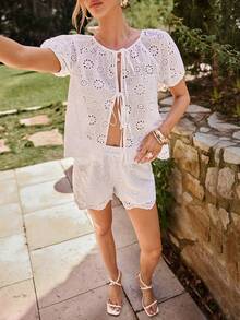 KARISMINA Women's Solid Color Woven Shirt & Loose Shorts 2 Pieces Set, Spring/Summer - White - View 6