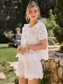 KARISMINA Women's Solid Color Woven Shirt & Loose Shorts 2 Pieces Set, Spring/Summer - White - View 4