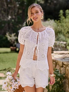 KARISMINA Women's Solid Color Woven Shirt & Loose Shorts 2 Pieces Set, Spring/Summer - White - View 7