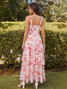 KARISMINA 2026 Summer Blush Pink Base Warm Tone Ink Wash Floral Print Cami Maxi Dress, Deep V-Neck Overlap High Waist Multi-Layer Ruffle Hem Flowy Chiffon - Baby Pink - View 2