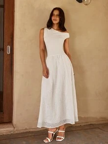 KARISMINA Women's Solid Color Woven Fitted Long Dress, Spring/Summer,Summer Dresses For Women - White - View 3