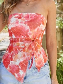 KARISMINA Women's Vacation Knit Mesh Open Shoulder Print Tube Top With Asymmetrical Hem Beach White Floral Summer Tropical - Red and White - View 9