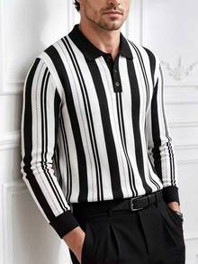 Core Aspect Autumn Men's Colorblock Striped Sweater, Mature, Business, Fashion - Black and White - View 1