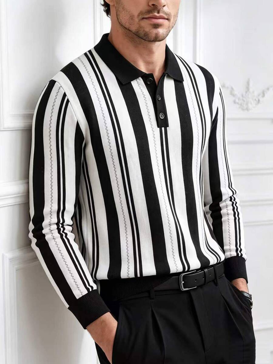 Core Aspect Autumn Men's Colorblock Striped Sweater, Mature, Business, Fashion - Black and White - View 1
