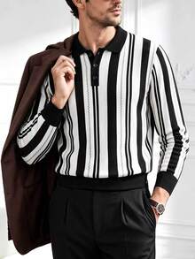 Core Aspect Autumn Men's Colorblock Striped Sweater, Mature, Business, Fashion - Black and White - View 3