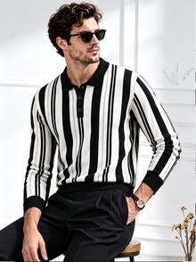 Core Aspect Autumn Men's Colorblock Striped Sweater, Mature, Business, Fashion - Black and White - View 6
