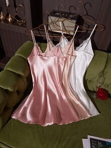 SilkySpell 3pcs Women Embroidered Lace Sexy Nightgown Set White Pink Dress - Multicolor - View 2