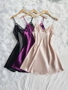 SilkySpell 3件組女款刺繡蕾絲性感優雅睡衣組合，緞面吊帶裙睡衣，黑色、紫色、粉色，適合夏季 - 彩色 - 查看 4