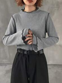 FRIFUL Women's Contrast Color Mock Neck Long Sleeve Ribbed Texture Fabric 2 In 1 Design Binding Edge Loose Casual T-Shirt,Gray,Autumn,Elegant,Office,Winter - Grey - View 3