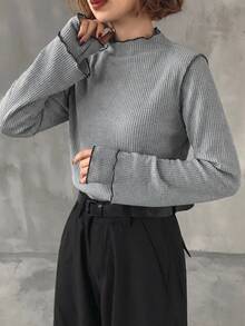 FRIFUL Women's Contrast Color Mock Neck Long Sleeve Ribbed Texture Fabric 2 In 1 Design Binding Edge Loose Casual T-Shirt,Gray,Autumn,Elegant,Office,Winter - Grey - View 2