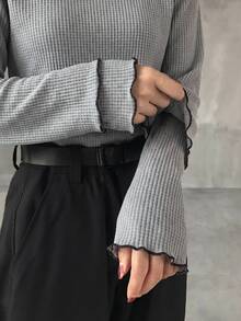 FRIFUL Women's Contrast Color Mock Neck Long Sleeve Ribbed Texture Fabric 2 In 1 Design Binding Edge Loose Casual T-Shirt,Gray,Autumn,Elegant,Office,Winter - Grey - View 4