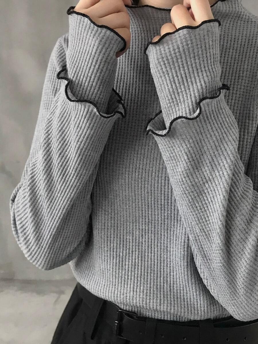 FRIFUL Women's Contrast Color Mock Neck Long Sleeve Ribbed Texture Fabric 2 In 1 Design Binding Edge Loose Casual T-Shirt,Gray,Autumn,Elegant,Office,Winter - Grey - View 1