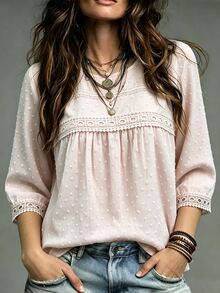 LanaWest Women's Water-Soluble Lace Patchwork Casual Daily Shirt - Pink - View 1