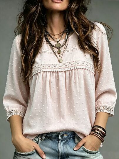 LanaWest Women's Water-Soluble Lace Patchwork Casual Daily Shirt