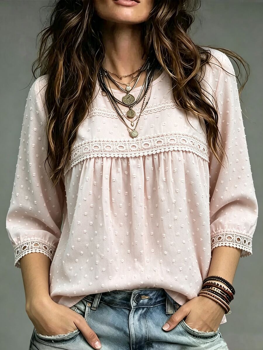 LanaWest Women's Water-Soluble Lace Patchwork Casual Daily Shirt - Pink - View 1