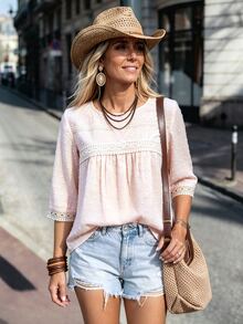 LanaWest Women's Water-Soluble Lace Patchwork Casual Daily Shirt - Pink - View 4