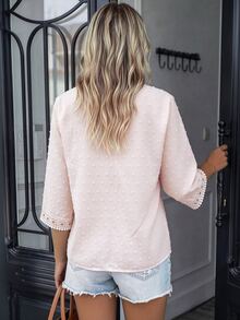 LanaWest Women's Water-Soluble Lace Patchwork Casual Daily Shirt - Pink - View 3