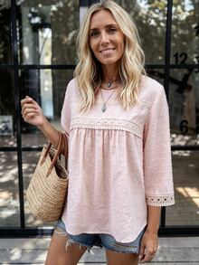 LanaWest Women's Water-Soluble Lace Patchwork Casual Daily Shirt - Pink - View 7