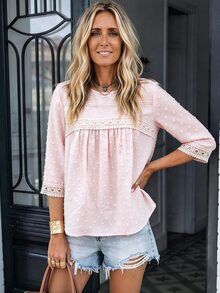 LanaWest Women's Water-Soluble Lace Patchwork Casual Daily Shirt - Pink - View 6