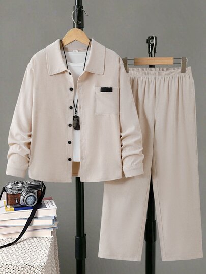 2pcs/Set Tween Boy Autumn/Winter Corduroy Fabric Solid Color Long Sleeve Shirt And Pants Set, Soft And Comfortable Fabric, Comfortable And Fashionable Outfit, Suitable For Daily, Outdoor And Sports Wear