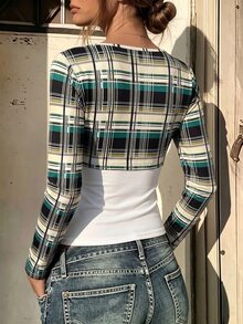 SuriyaCove Women's Y2K Plaid Jacket And White Camisole Two Pieces Setnew For Autumn/Winter, Suitable For Vacation And Everyday Wear. - Multicolor - View 3