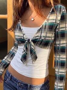 SuriyaCove Women's Y2K Plaid Jacket And White Camisole Two Pieces Setnew For Autumn/Winter, Suitable For Vacation And Everyday Wear. - Multicolor - View 2