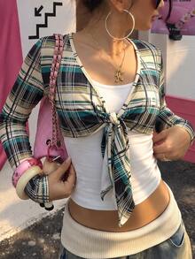 SuriyaCove Women's Y2K Plaid Jacket And White Camisole Two Pieces Setnew For Autumn/Winter, Suitable For Vacation And Everyday Wear. - Multicolor - View 4