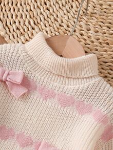 Young Girl Pink Heart Jacquard 3D Bow Decor Sweater And Knitted Pants Set Pullover - Pink - View 3