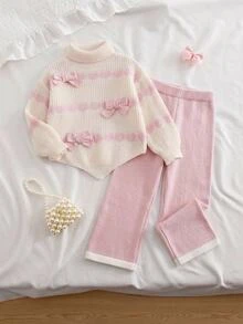 Young Girl Pink Heart Jacquard 3D Bow Decor Sweater And Knitted Pants Set Pullover - Pink - View 10