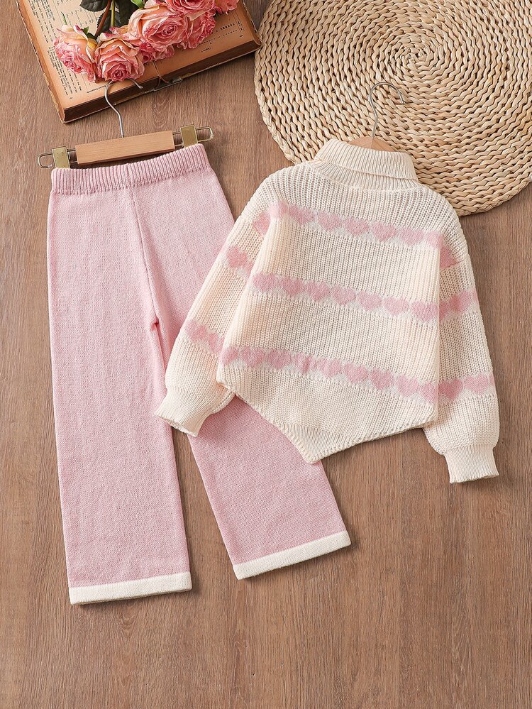 Young Girl Pink Heart Jacquard 3D Bow Decor Sweater And Knitted Pants Set Pullover - Pink - View 2