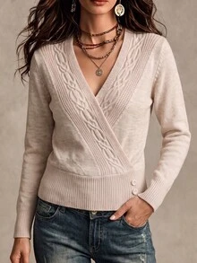Omancia Sweater Rajut Kabel Leher Surplice - Aprikot - View 5