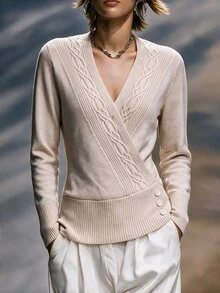 Omancia Sweater Rajut Kabel Leher Surplice - Aprikot - View 8