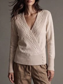 Omancia Sweater Rajut Kabel Leher Surplice - Aprikot - View 4