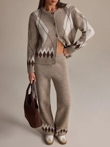 SHEIN Taupe Argyle Knit Cardigan Button Front Geometric Pattern Soft Cozy Cropped Sweater Vintage Preppy Fall Winter Top With Pant 2 Pcs Set - Mocha Brown - View 7