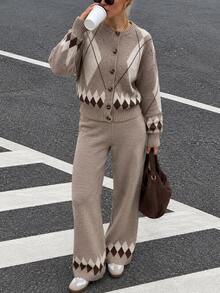 SHEIN Taupe Argyle Knit Cardigan Button Front Geometric Pattern Soft Cozy Cropped Sweater Vintage Preppy Fall Winter Top With Pant 2 Pcs Set - Mocha Brown - View 1