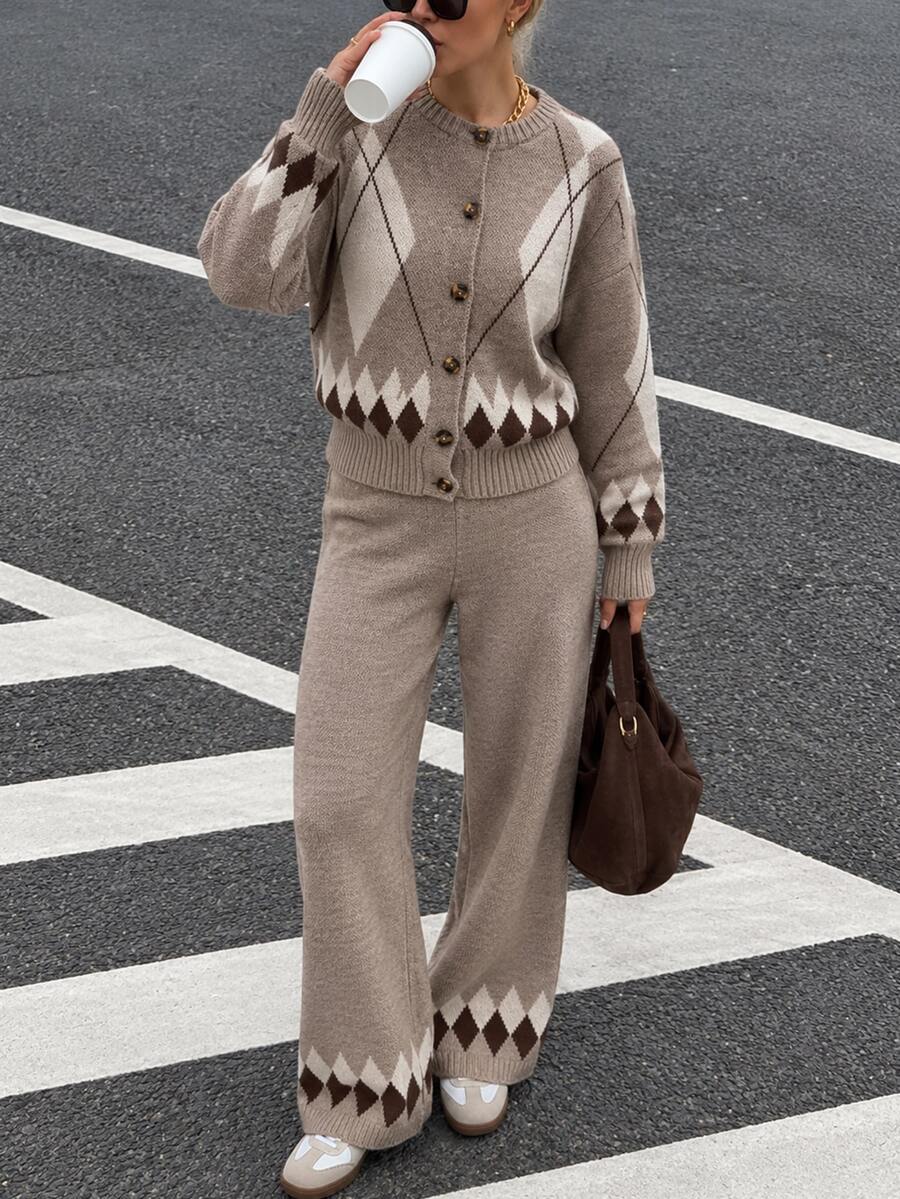SHEIN Taupe Argyle Knit Cardigan Button Front Geometric Pattern Soft Cozy Cropped Sweater Vintage Preppy Fall Winter Top With Pant 2 Pcs Set - Mocha Brown - View 1