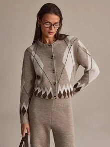 SHEIN Taupe Argyle Knit Cardigan Button Front Geometric Pattern Soft Cozy Cropped Sweater Vintage Preppy Fall Winter Top With Pant 2 Pcs Set - Mocha Brown - View 6