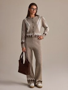 SHEIN Taupe Argyle Knit Cardigan Button Front Geometric Pattern Soft Cozy Cropped Sweater Vintage Preppy Fall Winter Top With Pant 2 Pcs Set - Mocha Brown - View 5